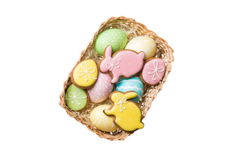Colorful easter cookies in basket with Multi colors Easter eggs isolated on white background. Pastel...