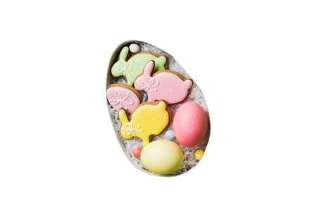 Colorful easter cookies in basket with Multi colors Easter eggs isolated on white background. Pastel...