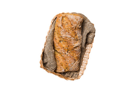 Freshly baked bread on basket isolated on white background. top view bread copy space.の写真素材