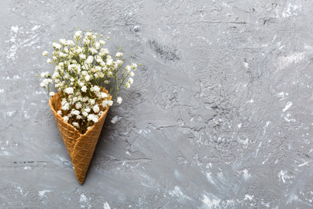 Waffle cone with beautiful gypsophila flowers on color background. summer concept. Copy space top view.の写真素材