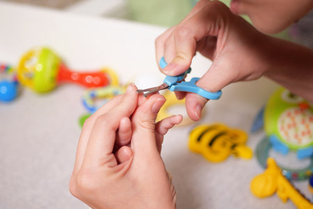 cutting baby nails. Baby care, closed up shot of newborn nails clipping.の写真素材