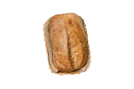 Freshly baked bread on basket isolated on white background. top view bread copy space.の写真素材