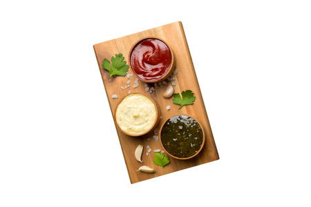 Many different sauces and herbs on table, flat lay top view. sauces on plate, healthy concept.の写真素材