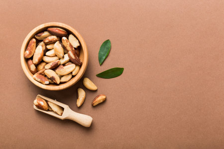 Fresh healthy Brazil nuts in bowl on colored table background. Top view Healthy eating bertholletia concept. super foods.の写真素材