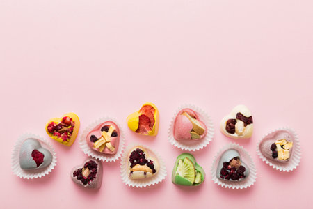 chocolate sweets in the form of a heart with fruits and nuts on a colored background. top view with...