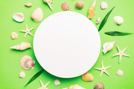 Summer time concept with blank greeting card and blank white paper on colored background. Seashells...