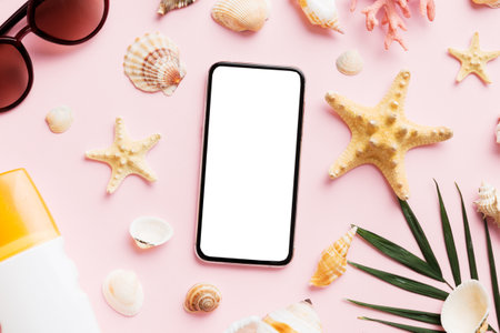 Flat lay composition with Phone and beach accessories on colored background. Smartphone with blank...
