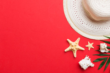 Summer holidays. Summer concept with straw hat and tropical leaf. Flat lay, top view, copy space.の写真素材