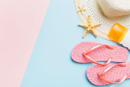 Summer vacation concept flat lay. straw hat beach accessories and flip flop top view. Space for text. travel concept.の写真素材