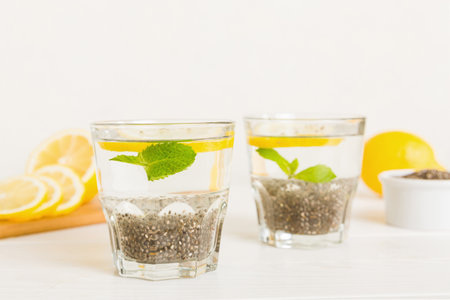 Healthy breakfast or morning with chia seeds lemon and mint on table background, vegetarian food, diet and health concept. Chia pudding with lemon and mint.の写真素材