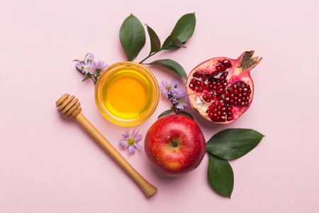 Flat lay composition with symbols jewish Rosh Hashanah holiday attributes on colored background, Rosh hashanah concept. New Year holiday Traditional. Top view with copy space.の写真素材