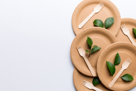 set of empty reusable disposable eco-friendly plates, cups, utensils on light white colored table background. top view. Biodegradable craft dishes. Recycling concept. close-up.の写真素材