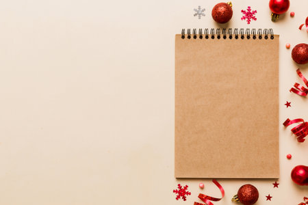 Christmas blank greeting card mock-up scene. Creative layout made of Christmas toy and paper card note. flat lay. Nature New Year concept.の写真素材