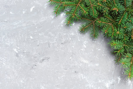 Christmas gray cement background with fir tree and copy space. top view empty space for your design.の写真素材