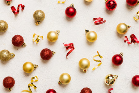 christmas composition. a pattern of christmas balls on colored background. Flat lay, top view New...