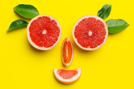 fresh Fruit grapefruit with Juicy grapefruit slices on colored background. top view. copyspace. creative summer concept. Half of citrus in minimal flat lay with copy space.の写真素材
