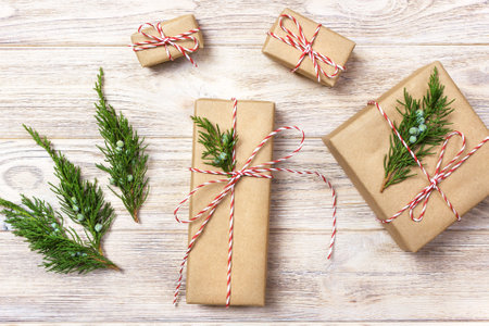 Classy Christmas gifts box presents on brown paper.