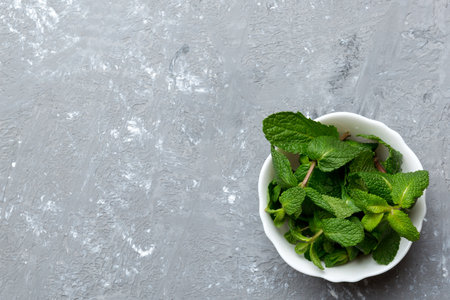Mint leaf. Fresh mint on Colored background. Mint leaves isolated Top view with copy space.の写真素材