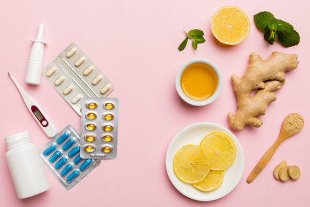 Natural cold and flu home remedies. Natural ingredients for immunity stimulation and viruses protection. top view flat lay.の写真素材