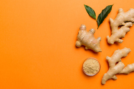 Finely dry Ginger powder in bowl with green leaves isolated on colored background. top view flat lay.の写真素材