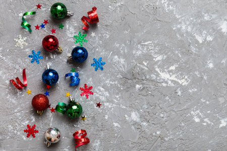 christmas composition. a pattern of christmas balls on colored background. Flat lay, top view New...