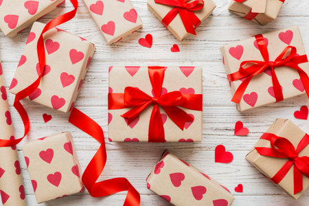 Creative gift box with decorations for the holiday, top view. Birthday and valentine present.の写真素材