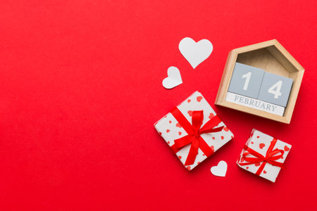Valentine Day theme with wooden block calendar. Greeting card template for Valentines Day.copy space for text.の写真素材