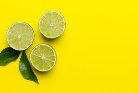 Lime fruits with green leaf and cut in half slice isolated on white background. top view. Flat lay with copy space.の写真素材