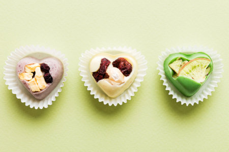 chocolate sweets in the form of a heart with fruits and nuts on a colored background. top view with...