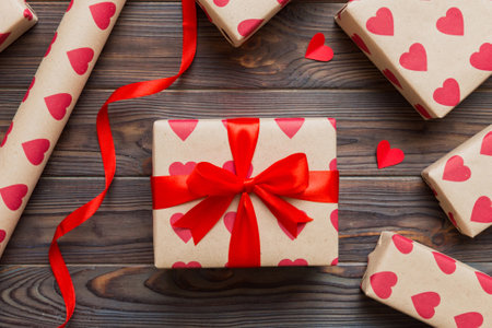 Creative gift box with decorations for the holiday, top view. Birthday and valentine present.の写真素材