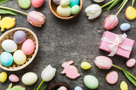 Easter frame with eggs, gift box and tulip on a colored background. The minimal concept. Top view...