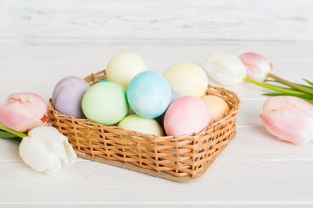 Happy Easter composition. Easter eggs in basket on colored table with yellow Tulips. Natural dyed colorful eggs background with copy space.の写真素材
