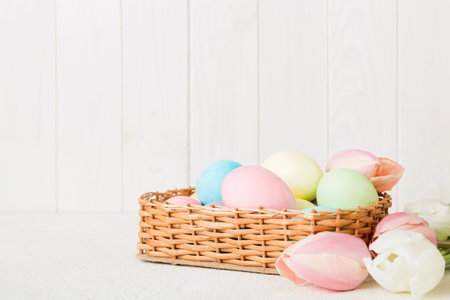 Happy Easter composition. Easter eggs in basket on colored table with yellow Tulips. Natural dyed...