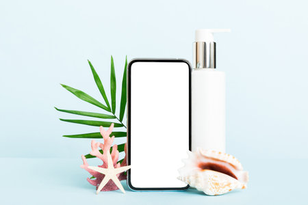 Smartphone mock up template with summer objects. Perspective view with copy space for text.の写真素材