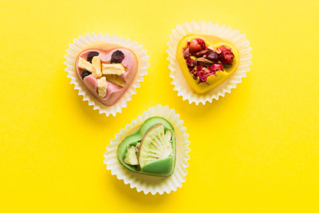 chocolate sweets in the form of a heart with fruits and nuts on a colored background. top view with...