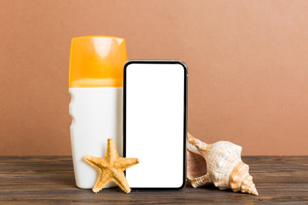 Smartphone mock up template with summer objects. Perspective view with copy space for text.