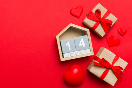 Valentine Day theme with wooden block calendar. Greeting card template for Valentines Day.copy space for text.の写真素材