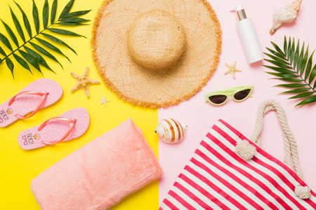 Composition with stylish beach accessories on colored background, top view. Beach fashion flat lay, summer concept. Trendy colors.の写真素材