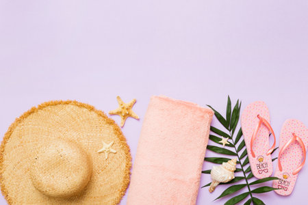 Top view travel or vacation concept. Composition with stylish beach accessories on colored background, top view. Beach fashion flat lay, summer concept. Trendy colors.の写真素材