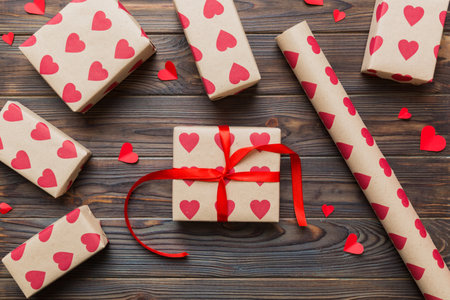 Creative gift box with decorations for the holiday, top view. Birthday and valentine present.の写真素材