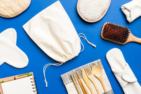 Zero waste concept. Eco-friendly home daily accessories. top view.の写真素材