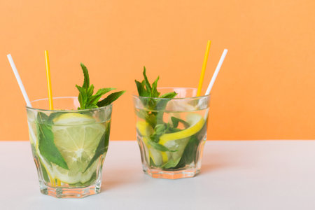 Mojito summer refreshing cocktail with ice and mint. mojito cocktail with lime, lemon and mint in a...
