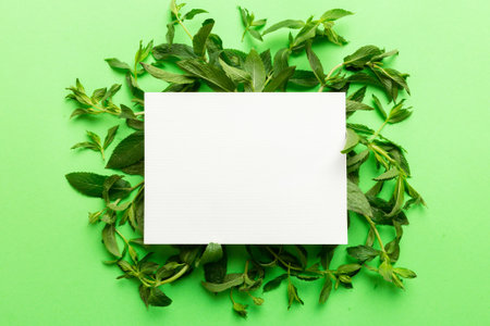Wreath frame made of empty paper blank with space for text and mint leaves on colored background. . Mint Pattern. Flat lay. Top view.の写真素材