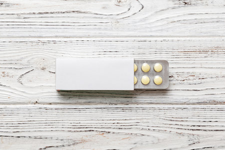 Blank White Product Package Box Mock-up. Open blank medicine drug box with blister top view.の写真素材