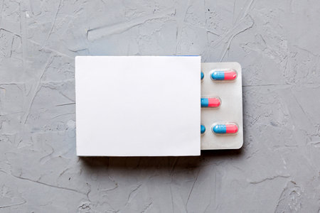 Blank White Product Package Box Mock-up. Open blank medicine drug box with blister top view.の写真素材