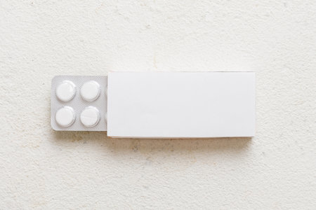 Blank White Product Package Box Mock-up. Open blank medicine box with blister top view.の写真素材