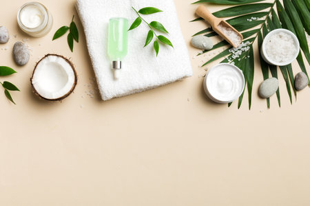Coconut with jars of coconut oil and cosmetic cream on colored background. Top view. Free space for your text. Natural spa coconut cosmetics and organic treatment concept Coconut Spa composition.の写真素材