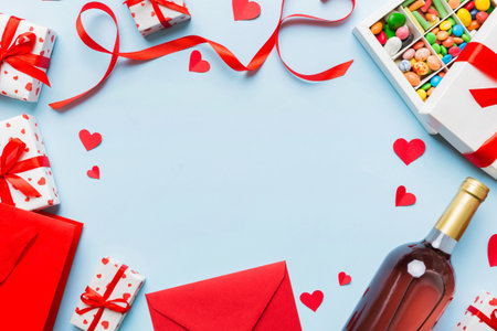 top view photo of st valentine day decor shopping, bag, wine, bottle, envelope, gift, box, candy and red heart on colored background with empty space. frame background.の写真素材