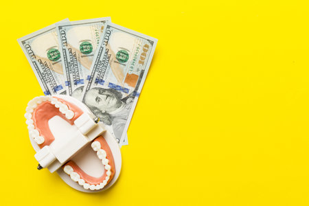 Closeup model of a human jaw with white teeth. Dentistry conceptual photo. Prosthetic dentistry. False teeth top view with copy space.の写真素材