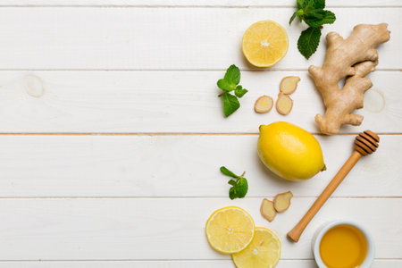Natural cold and flu home remedies. Natural ingredients for immunity stimulation and viruses protection. top view flat lay.の写真素材
